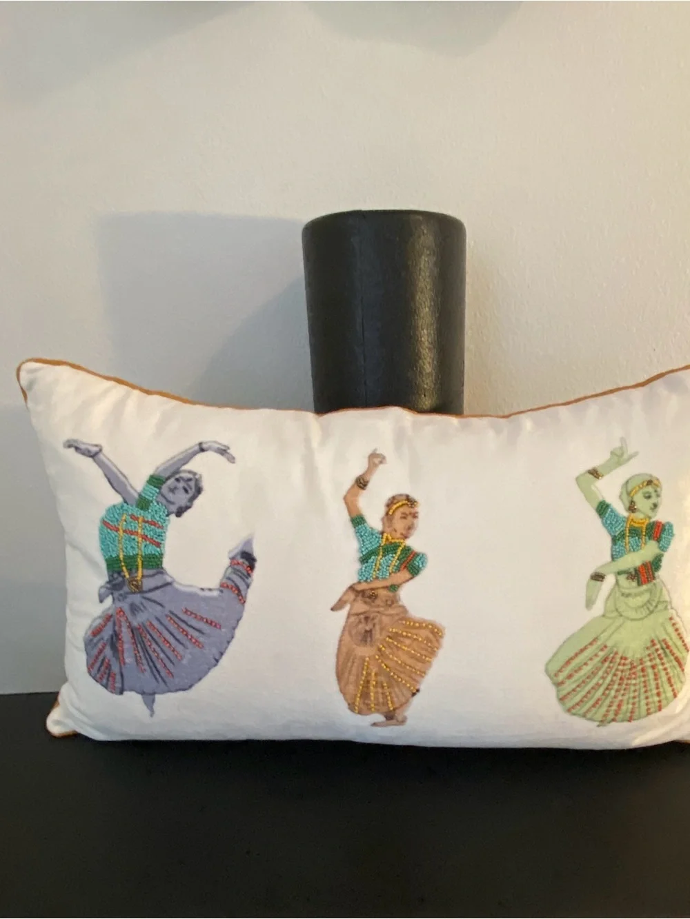 Embroidered Dance Motif Lumbar Pillow - White with Multicolor Figures